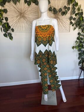 Studio EY Sleeveless African Print Maxi Dress in White , Orange & Green Like New
